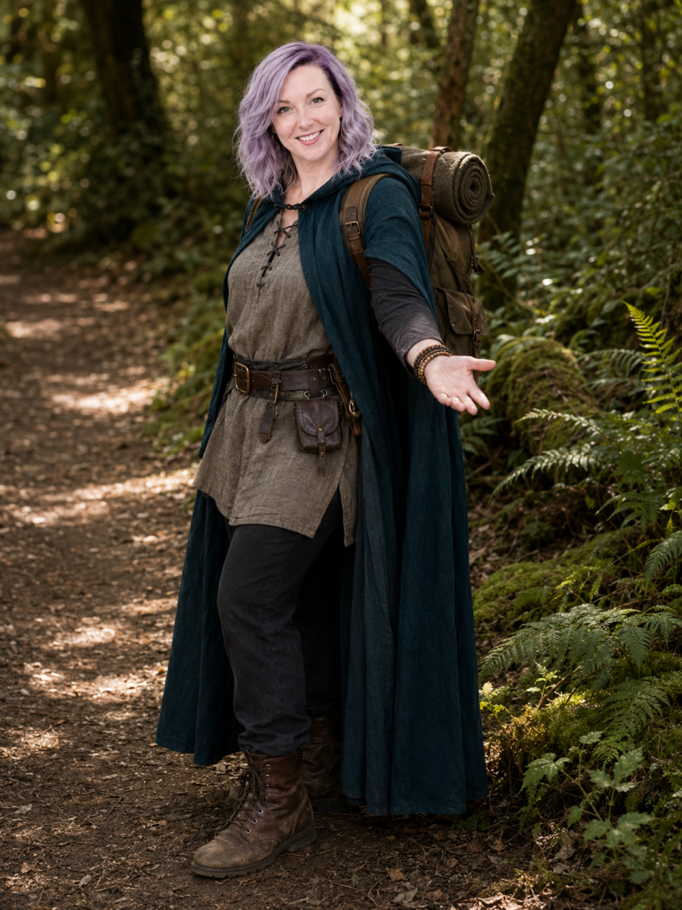 Crystal Berg, the Road Keeper, in adventuring gear